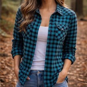 Women’s Teal & Black Button Down Plaid Flannel Shirt | Size Medium
